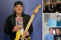 Clockwise from left: Joe Matera with his new book; with Canned Heat; with Sir George Martin (Beatles manager) and with Hank Marvin. Pictures supplied