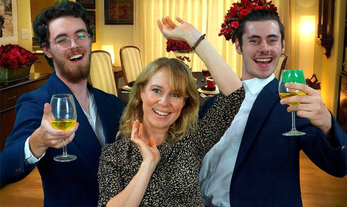 Florence (Fiona Blakeley) parties with brothers Jesus (Nathan Bonham, left) and Manolo (Titouan Lesourd). 