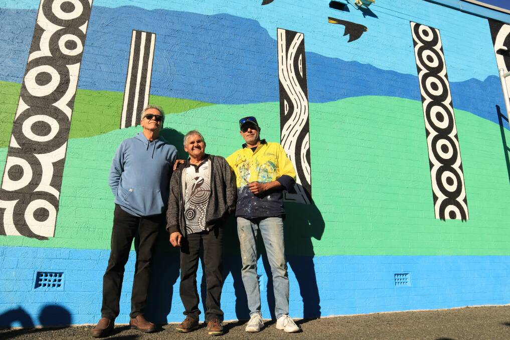 Warwick Keen, Uncle Noel Wellington and Glenn Duffield have created Berry's newest mural, to finish up the town's Open Field Art Festival. Picture by Jorja McDonnell.