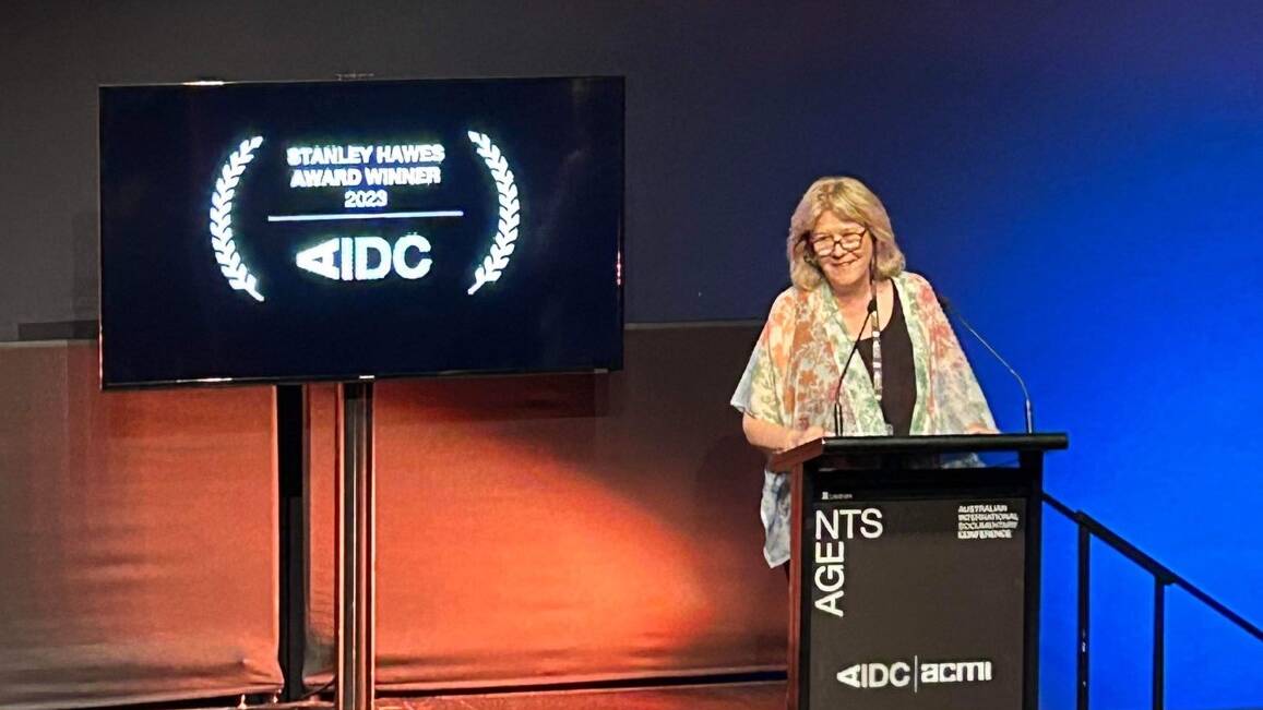 Cathy Henkel accepting the Stanley Hawes Award at the Australian International Documentary Conference in Melbourne on March 8, 2023. Picture supplied