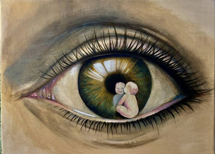Kerry Servin's painting of a baby sitting in an eyelid was inspired by being able to see things through a grandchild's eyes. Picture by Kerry Servin