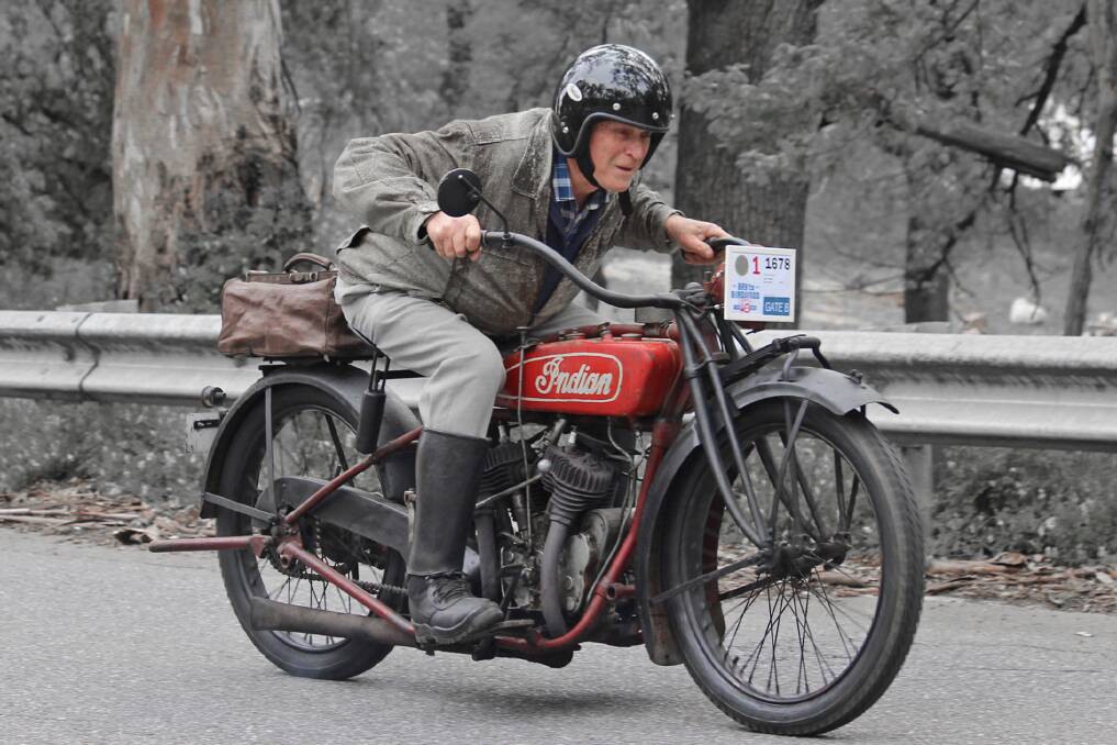 Jack Muster riding a 1924 red Indian Chief 1000cc motorcycle, entrant 1678 at the Bay to Birdwood 2020. Picture titled 'Active ageing - Embracing Senior years with oomph!' and taken by Bron Michelle