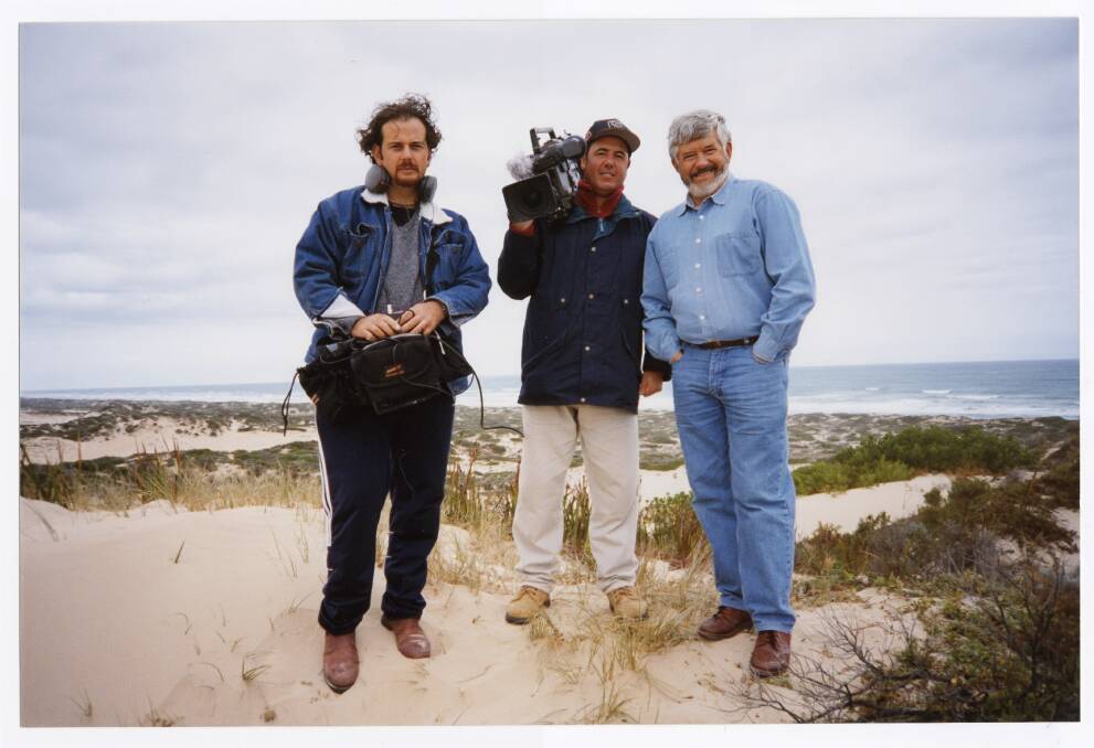 The Channel 9 Postcards SA crew on location in the Coorong for an hour-long special in 2000. From left to right: cameraman Jeff Clayfield, audio operator Marco Arlotta and presenter Keith Conlon. Picture SLSA B 70869/14112/Messenger Press