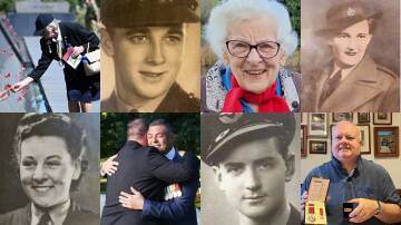 Clockwise from top left: A woman placing a poppy at the Australian Ex-Prisoners of War Memorial; Colin Goyne, Barbara Archer, Irene Dixon, Rohan Goyne, Ronald Houghton, Ben Farinazzo, Barbara Archer. Pictures supplied/ACM