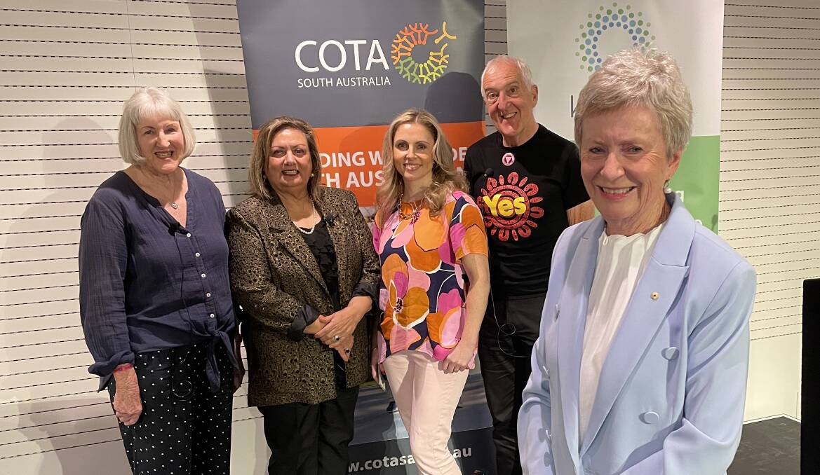 Mary Safe, Tanya Kaplan OAM, Cassie Mason, Will Sergeant OAM and Anne Burgess AM at COTA SA's International Day of Older Persons 2023: Reimagine Ageing event at the Adelaide Convention Centre on Wednesday, September 27, 2023. Picture by Anthony Caggiano