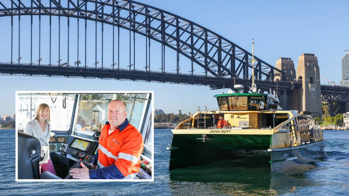 Inset, NSW Transport Minister Jo Haylen and Captain Carl Brandes from Polaris Marine aboard John Nutt. Main, the vessel cruising around Sydney Harbour. Pictures supplied