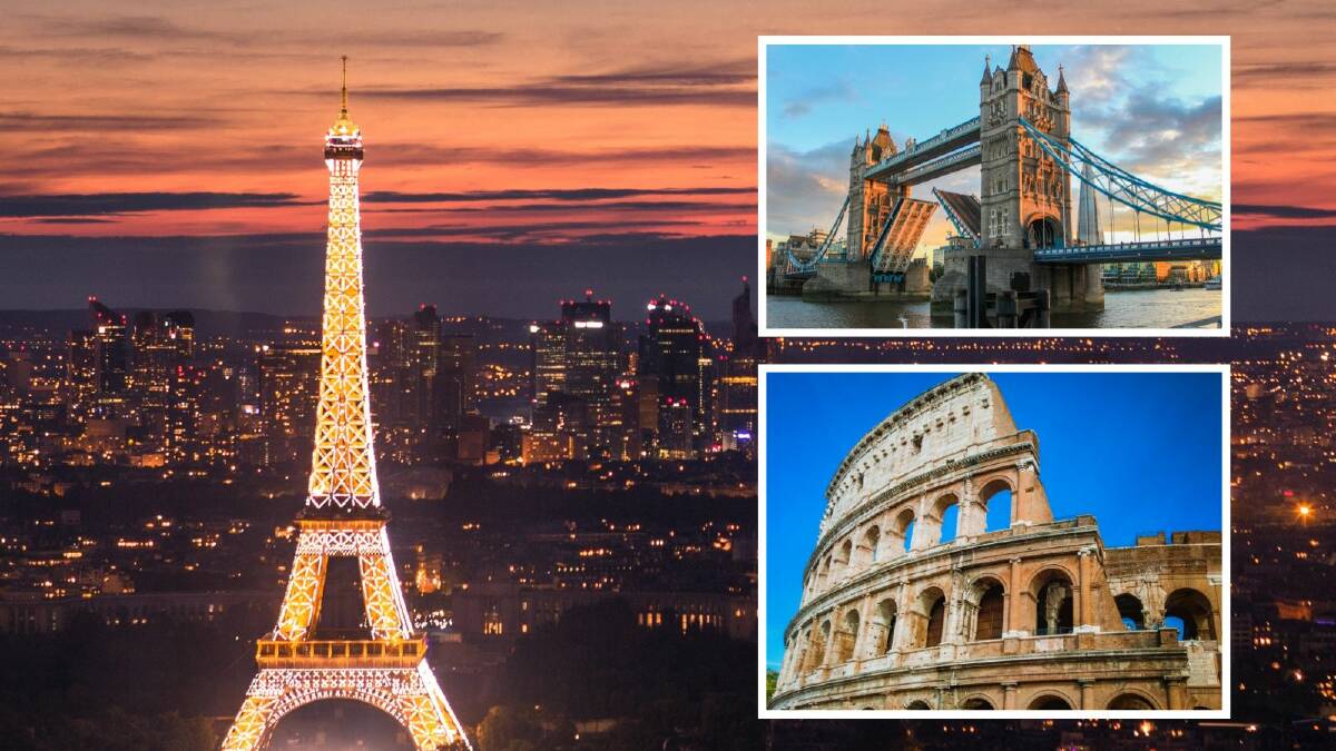 The Eiffel Tower in Paris (main), Tower Bridge in London (top right) and Coloseum in Rome (bottom right) are in sight for Australian travellers in 2024. Pictures from Canva