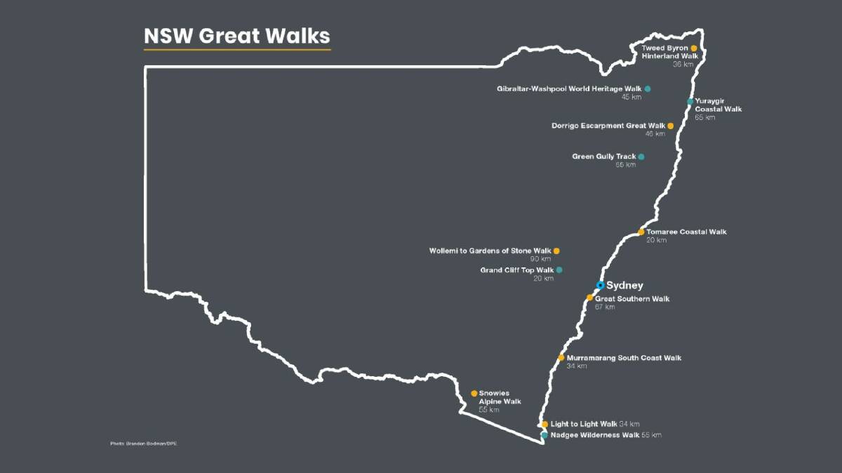 Where the 13 Great Walks are located across NSW. Picture by Branden Bodman/DPE