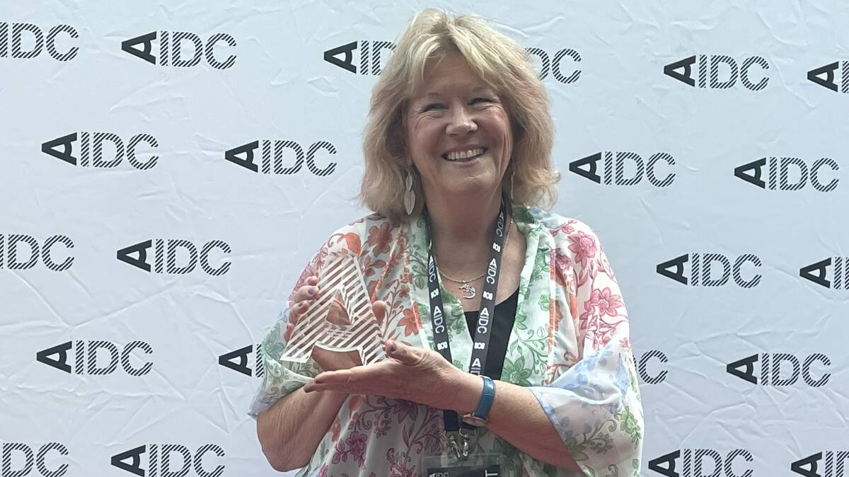 Cathy Henkel with her Stanley Hawes Award at the Australian International Documentary Conference in Melbourne on March 8, 2023. Picture supplied
