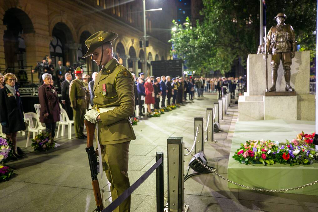 A soldier at the Sydney Cenotaph in Martin Place, Sydney, on Anzac Day 2021. Picture supplied