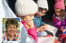 Inset, publisher Dame Wendy Pye, and main, children reading novels in a tent outside. Pictures supplied, Canva