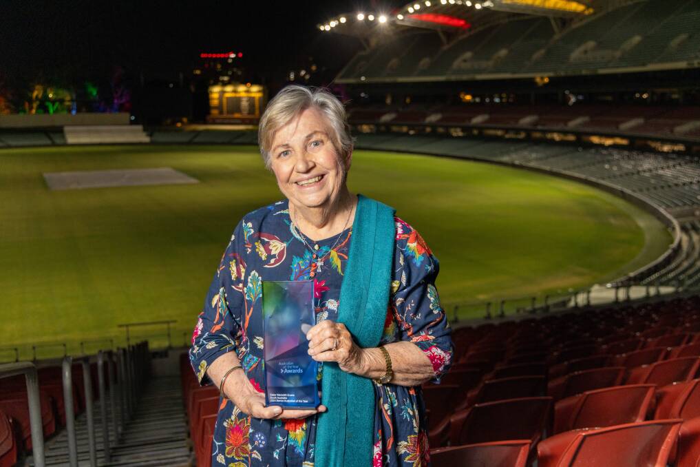 Senior Australian of the Year Senior South Australia 2024 recipient Meredith Evans receiving her award at Adelaide Oval. Picture by Salty Dingo
