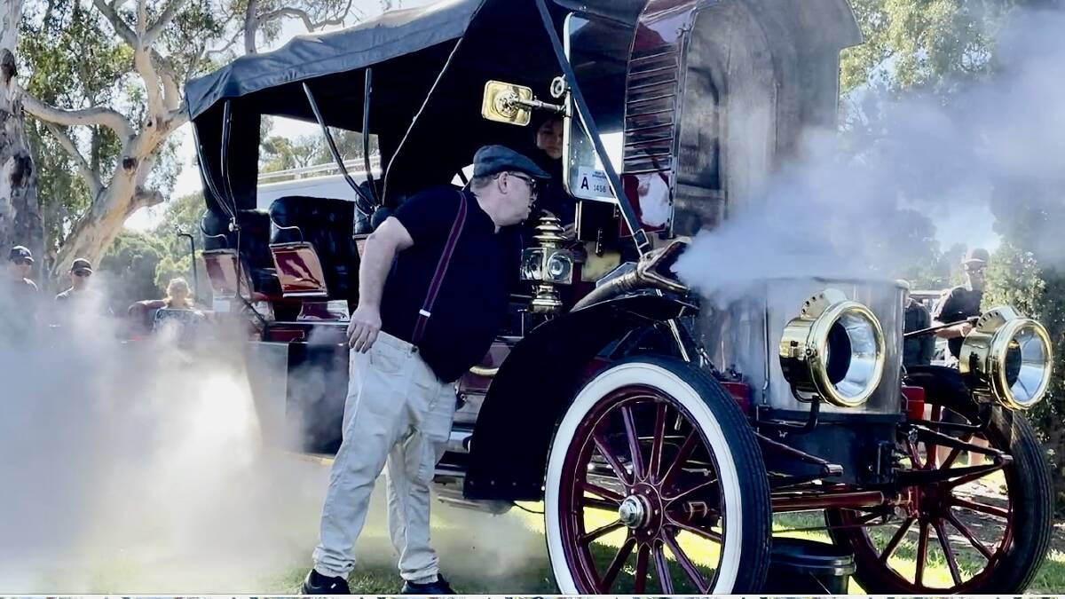Robert Balfour with his 1909 Stanley Model Z Mountain Wagon steam-powered car at the McLaren Vale Vintage and Classic on Sunday, April 23, 2023. Picture by Anthony Caggiano