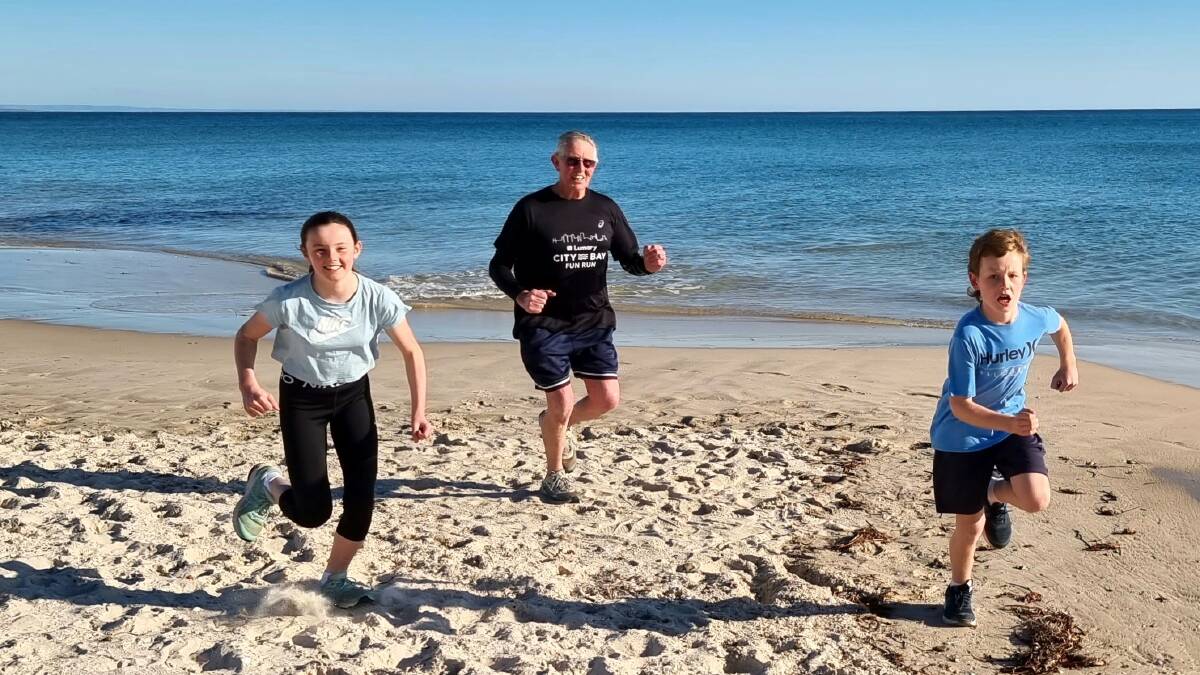Henley Beach is one of the places Rodney Biggs trains for the Lumary City-Bay Fun Run with his granddaughter Ava and grandson Tom. Picture supplied