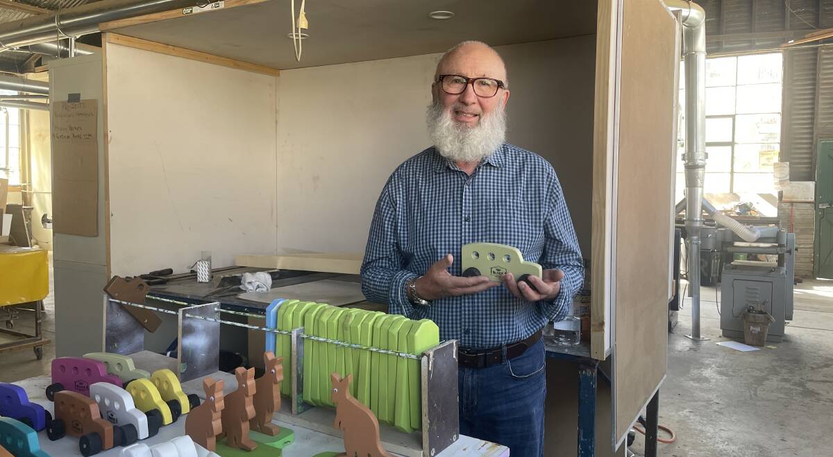 Ballarat East Men's Shed president Steve Andrusiak with toys the group has made. Picture by Nieve Walton