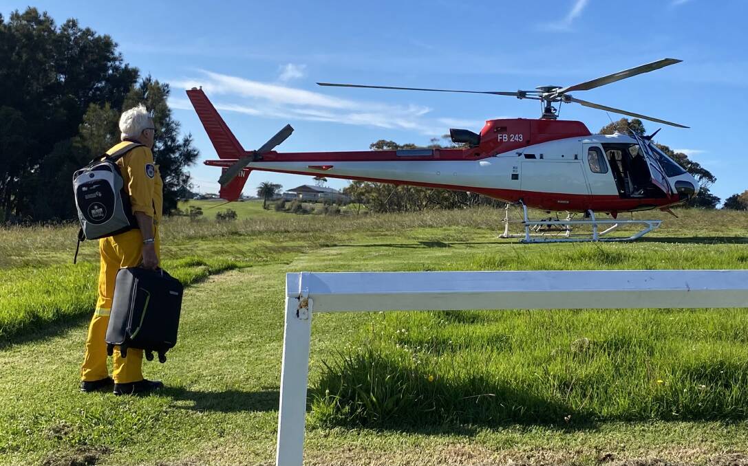 Peter Kearney being airlifted from the helipad at Narooma Golf Course to fly to an incident. Picture supplied