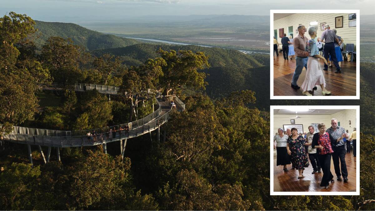 Mount Archer in Rockhampton, QLD. Plus insets of Alton Downs Hall's Old-Time Dancers. Main picture by QLD Tourism, insets supplied.