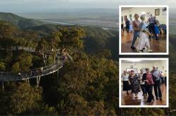 Mount Archer in Rockhampton, QLD. Plus insets of Alton Downs Hall's Old-Time Dancers. Main picture by QLD Tourism, insets supplied.