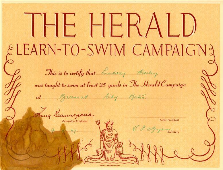 Young learner: A Herald Learn-To-Swim certificate like the one issued to Rick Seirer at the age of four-and-a-half.