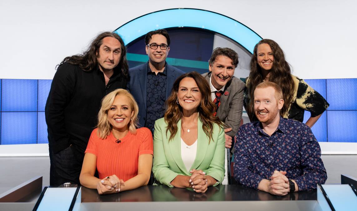 Woulid I Lie To You episode one clockwise from bottom left - guests Carrie Bickmore and Ross Noble, team captains Chris Taylor and Frank Woodley, guests Zoe Coombes and Luke McGregor with host Chrissie Swan.