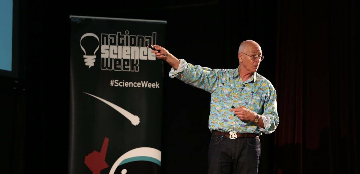 STAR BRIGHT: Dr Karl Kruszelnicki giving a talk at a Science Week event in Tasmania last year. This year, he's doing a Q&A with former NASA astronaut Dr Kathryn Sullivan broadcast on Triple J.