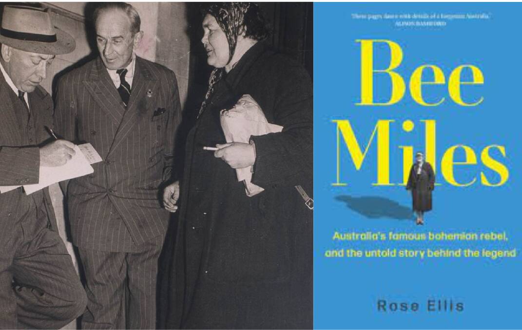 Bee Miles meets the press in Sydney c. 1940-46; right, the new biography of the famous eccentric. Pictures from Wikimedia Commons and supplied.

