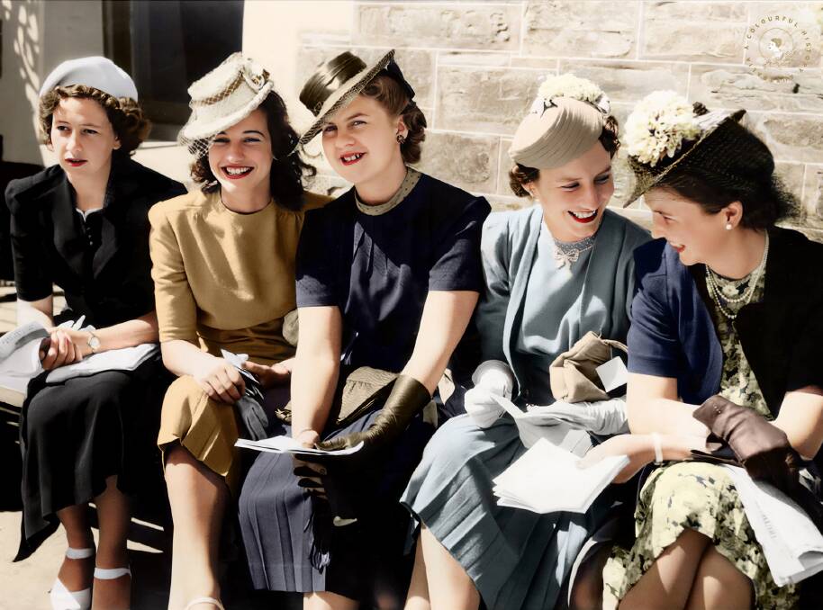 A day at the Victoria Park races, 1940; (from left) Barbara Matters, Louise Matison, Annette Stogdale, Patricia Fowler and Alison Bickford. Source photo State Library of SA