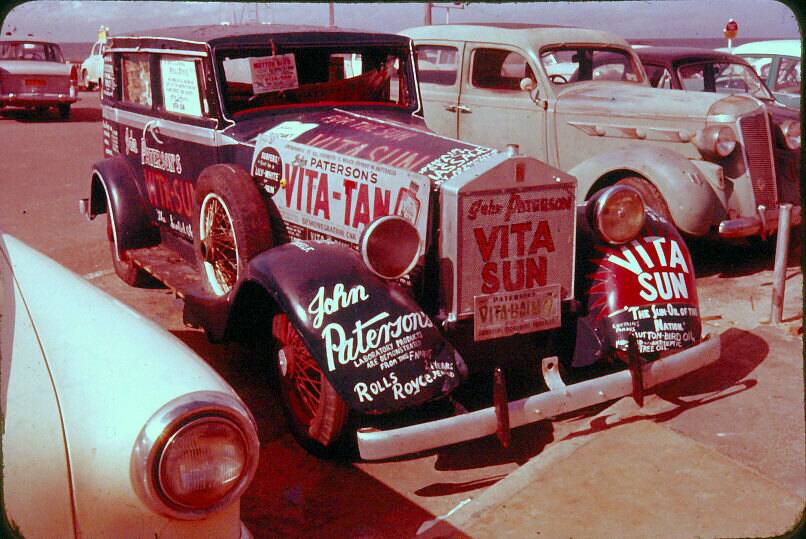 The pictured Rolls-Royce (vintage even at the time) was used by the entrepreneurial John Paterson to spruik his Vita-Sun tanning lotion. Picture by Elaine Barnes. 