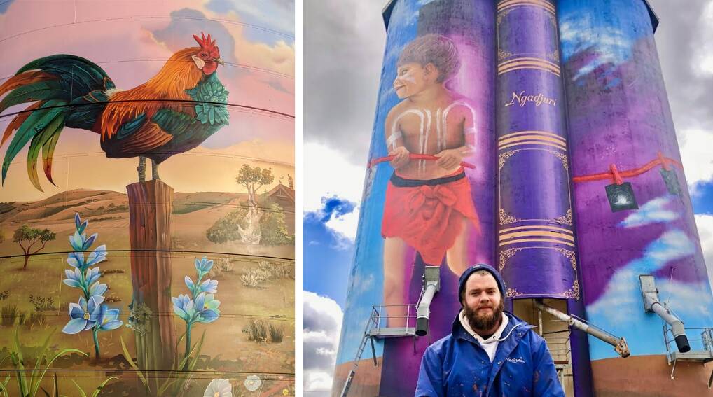 Left: Silo art at Bute. Picture by Elise Fleming. Right: Adelaide artist Sam Brooke with his silo mural at Eudunda, South Australia. Picture supplied
