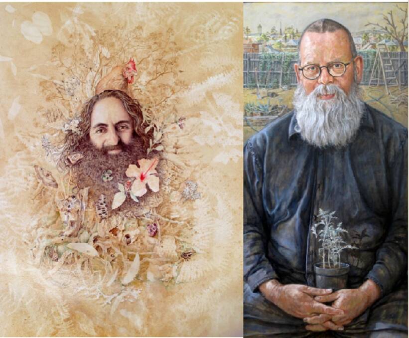 Far left : Michael Mucci, From little things (Costa Geargiadis, Gardening Presenter and Environmentalist) tannin, acrylic, gouache, and ink on watercolour paper  Left : Paul Borg, Gordon Morrison and the Dusty Miller, oil and calcite on linen