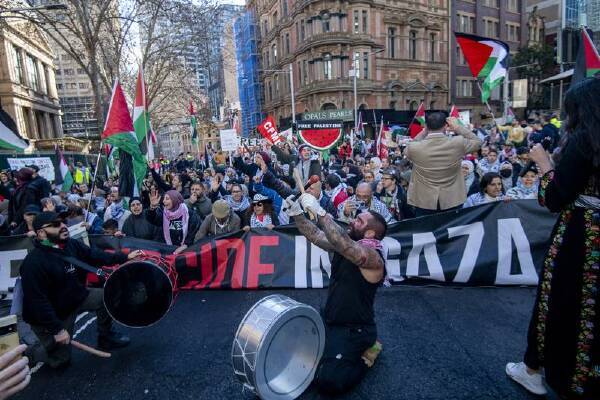 Drummers lead the pro-Palestine rally outside the NSW Labor conference in Sydney on Saturday. Photo: Jeremy Piper/AAP PHOTOS