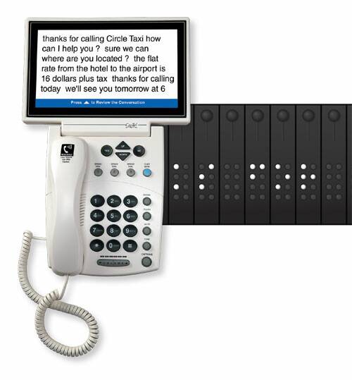 Braille captioned telephone handset allows deafblind people to make phone calls.