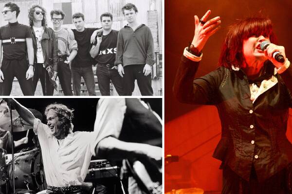 (clockwise from bottom left) Jimmy Barnes and Cold Chisel, INXS and Chrissy Amphlett from the Divinyls.