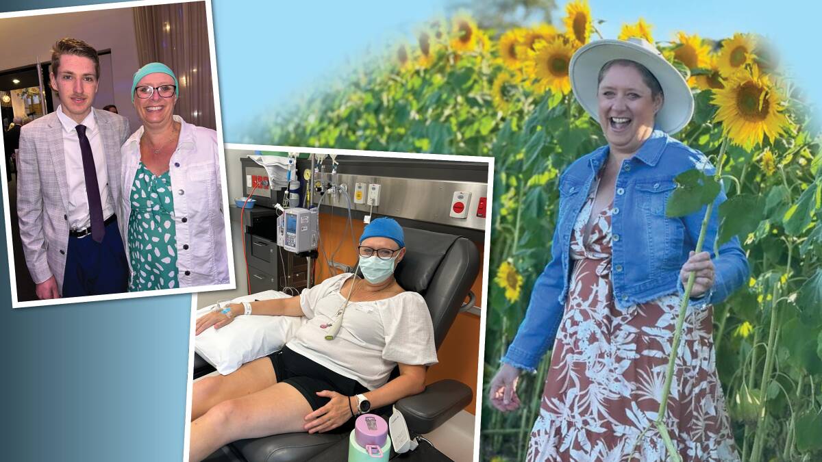 Sharon is battling ovarian cancer while raising awareness of the disease. She is pictured with her son at his Year 12 graduation, receiving chemotherapy at Peter MacCallum Cancer Centre and with sunflowers, a symbol of hope for people living with cancer.